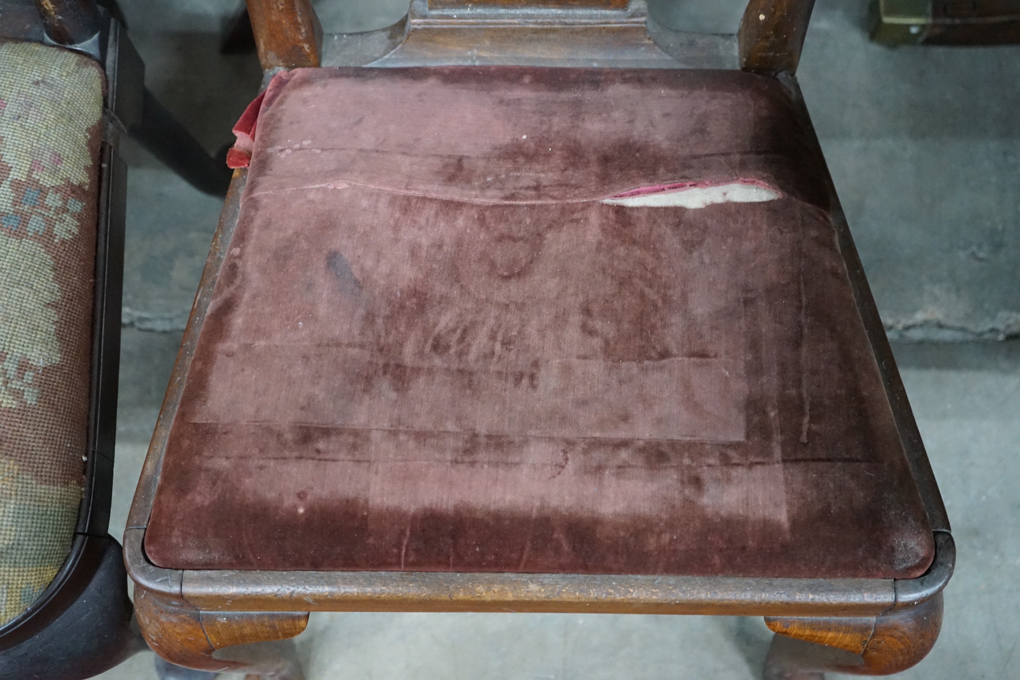 Two 18th century walnut and fruitwood dining chairs with solid splat and cabriole legs